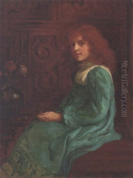 Portrait Of A Seated Girl In A Turquoise Dress, With Flowers To The Side Oil Painting by Thomas Edwin Mostyn