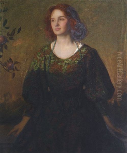 Portrait Of A Lady In A Green And Gold Dress by Thomas Edwin Mostyn