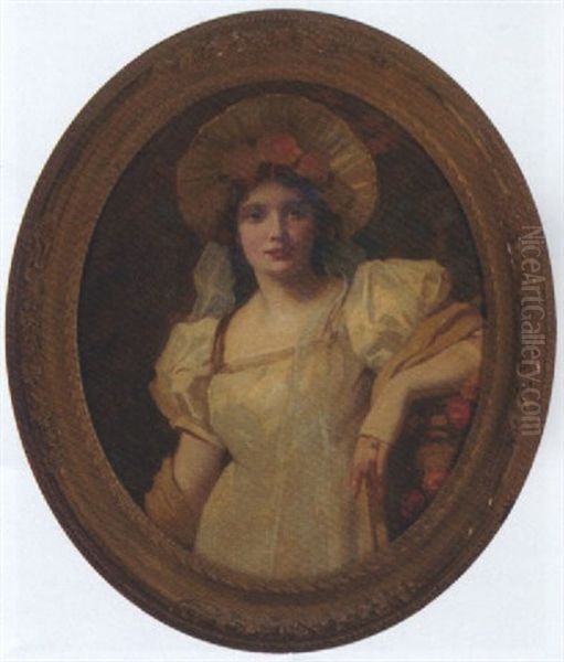 Portrait Of A Lady In A Cream Dress And Bonnet Oil Painting by Thomas Edwin Mostyn