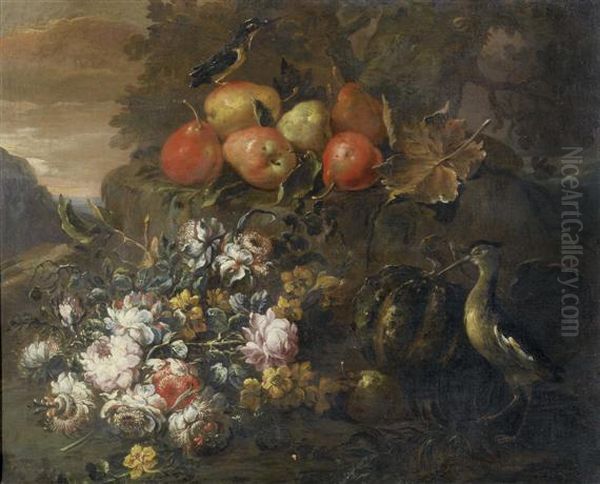 Still Life
With Flowers And Fruit In A Landscape With Birds. Oil Painting by Felice Fortunato Biggi Dei Fiori