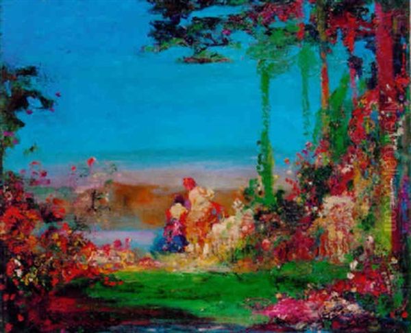 Figures In A Sunny Garden Oil Painting by Thomas Edwin Mostyn