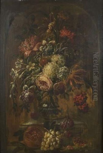 Bouquet De Fleurs Sur Un Entablement Oil Painting by Felice Fortunato Biggi Dei Fiori