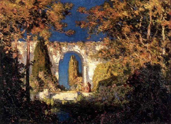 An Idyllic Landscape With Figures By An Archway In The Distance Oil Painting by Thomas Edwin Mostyn