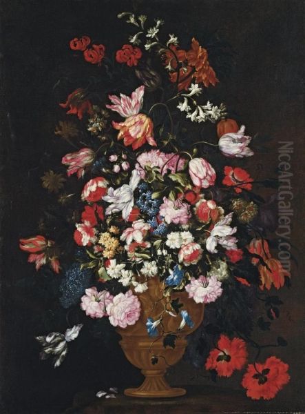 Roses, Tulips, Lilies And Other Flowers In A Bronze Urn On A Stone Socle Oil Painting by Felice Fortunato Biggi Dei Fiori