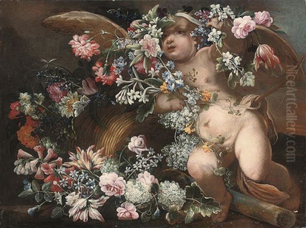 Cupid Disporting Amongst A Garland Of Flowers In A Landscape Oil Painting by Felice Fortunato Biggi Dei Fiori