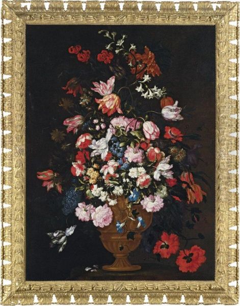 Roses, Tulips, Lilies And Other Flowers In A Bronze Urn On A Stonesocle Oil Painting by Felice Fortunato Biggi Dei Fiori