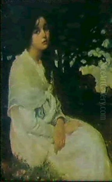 Ung Hvidklaedt Pige Siddende I Graesset Oil Painting by Thomas Edwin Mostyn