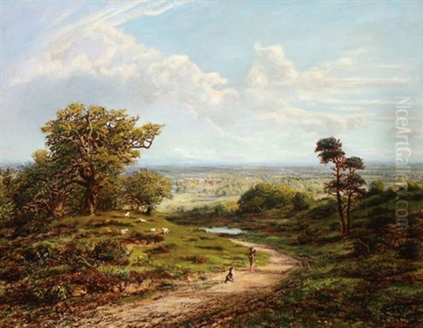 Expansive Landscape With Shephard Boy And Distant Village Oil Painting by George William Mote