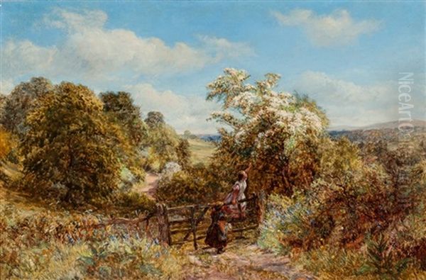 Children In A Landscape Oil Painting by George William Mote