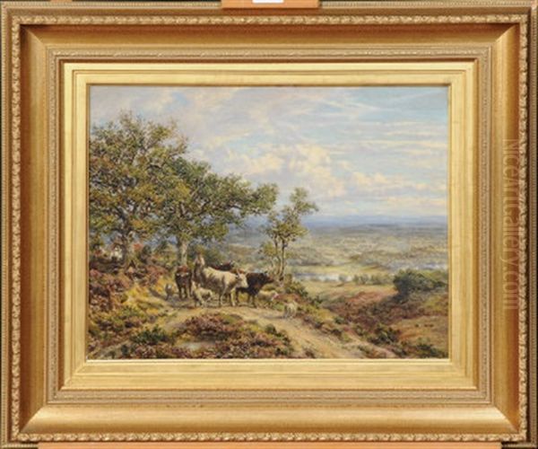 A Farmer Driving Cattle And Sheep Oil Painting by George William Mote