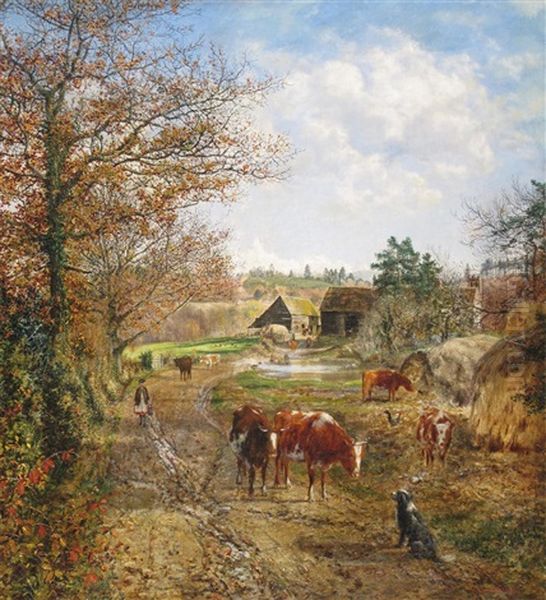 A Milkmaid And Cattle On A Track, A Farm Beyond Oil Painting by George William Mote