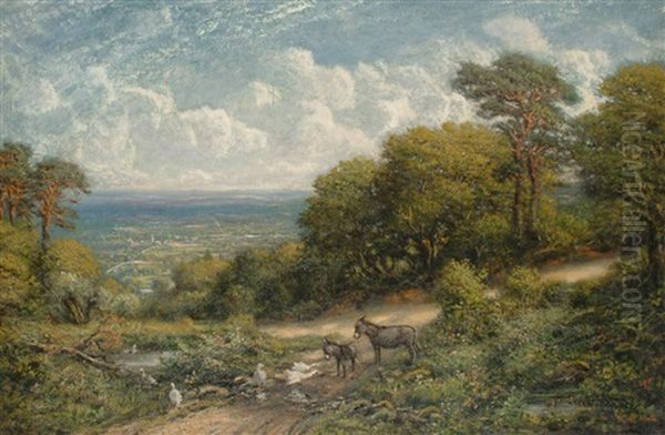 An Extensive Landscape Thought To Be Near Churt, Surrey, With Geese Worrying A Donkey And Foal Oil Painting by George William Mote