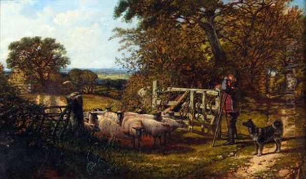 Dog And Sheep In Field Gate Oil Painting by George William Mote