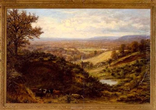 Expansive Country Landscape With Cattle And A Cottage Farm Oil Painting by George William Mote