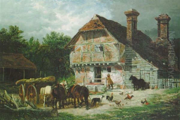 A Busy Farmyard Oil Painting by George William Mote