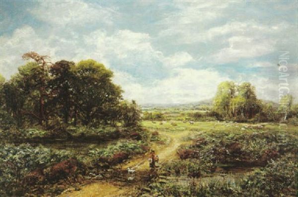 An Extensive Country Landscape With Two Children And A Dog On A Path In The Foreground Oil Painting by George William Mote