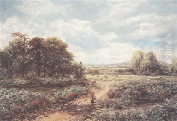 An Extensive Country Landscape With Two Children And A Dog On A Path In The Foreground Oil Painting by George William Mote