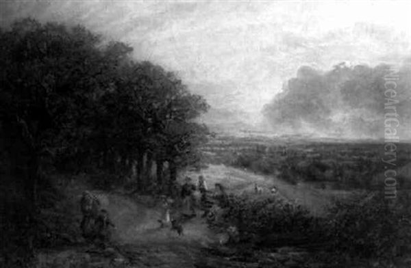 Expansive Landscape With Figures Gathered Outside Woods Oil Painting by George William Mote