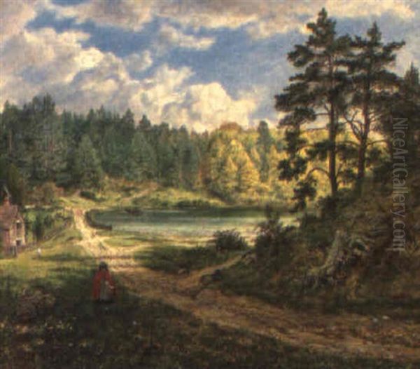 A Wooded Landscape With Figures By A Lake Oil Painting by George William Mote