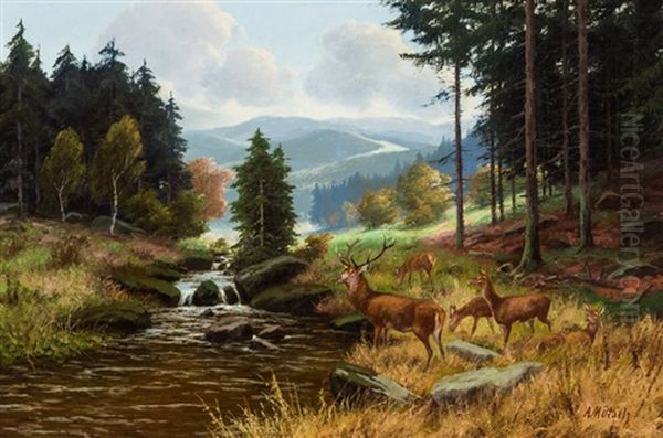 Septembermorgen Harz Mit Rotwild Am Bachlauf Und Weitem Blick Oil Painting by August Moetsch