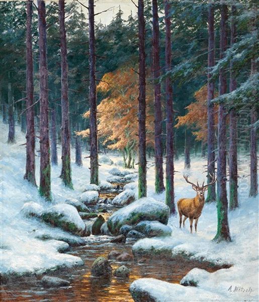 Stag In A Winter Woodland Oil Painting by August Moetsch