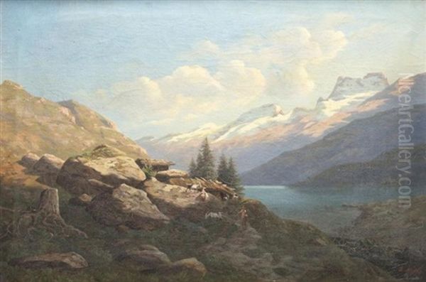 Vue De Lac De Montagne Avec Berger Et Ses Chevres Aux Abords Oil Painting by Denis Motta