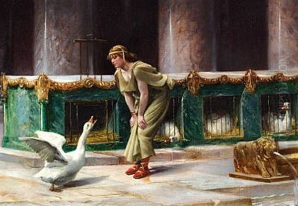 Scene From Ancient Rome With The Sacred Geese Kept As Guardians In The Temple Of Juno Oil Painting by Henri Paul Motte