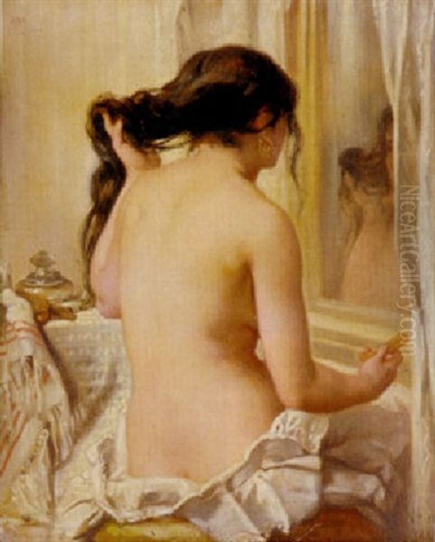 Nude Combing Her Hair Oil Painting by Victor Louis Mottez