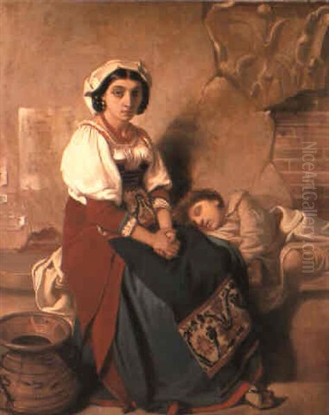 A Young Peasant Girl With A Child Oil Painting by Victor Louis Mottez