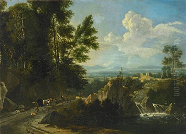 Sudliche Landschaft Mit Wasserfall Und Hirten Oil Painting by Frederick De Moucheron