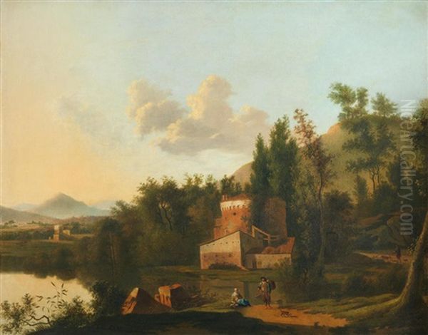 An Italianate Landscape With Figures Resting By A Lake Oil Painting by Frederick De Moucheron