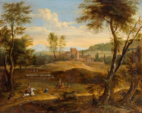 Hunting Group In A Landscape With A Castle In The Background Oil Painting by Frederick De Moucheron