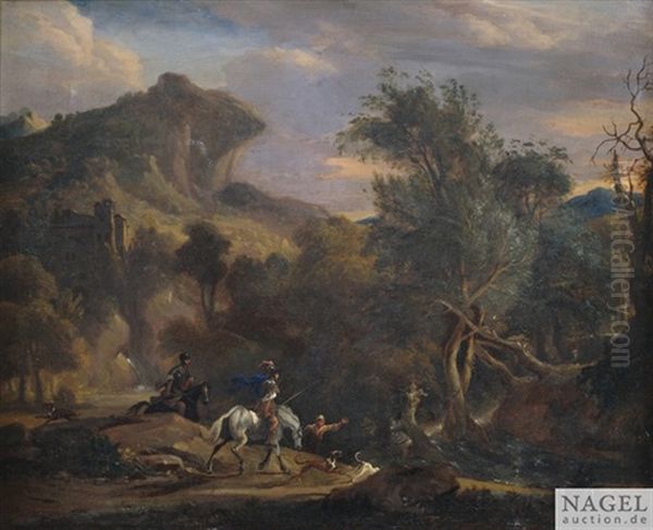 Italienisierende Landschaft Mit Jagern Und Jagdgehilfen Oil Painting by Frederick De Moucheron