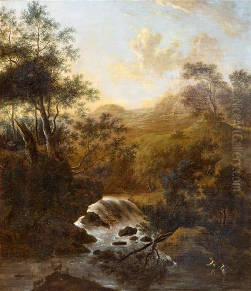 An Italianate Landscape With Fishers Near A Waterfall by Frederick De Moucheron