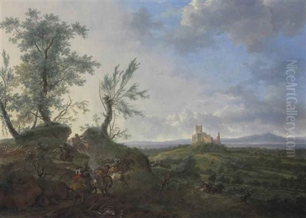 An Extensive Landscape With A Cavalry Skirmish, A Ruined Castle On A Hilltop Beyond Oil Painting by Frederick De Moucheron