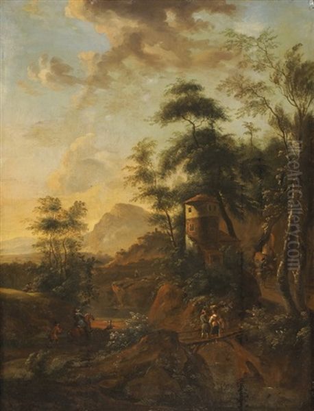 Sudliche Landschaft Mit Reiter, Jager Mit Hund Und Bauernpaar Oil Painting by Frederick De Moucheron