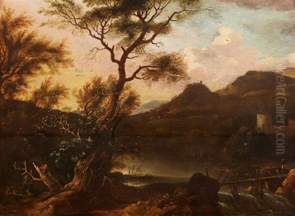 River Landscape With Ruins Oil Painting by Frederick De Moucheron