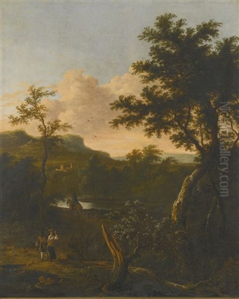 A Wooded Landscape With A Couple And Traveller On Horseback By A River, With A Small Town In The Distance Oil Painting by Frederick De Moucheron