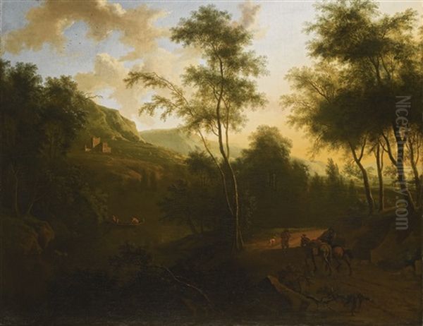 An Extensive Italianate Landscape With Mounted Travellers In The Foreground, A River With Fishermen And A Castle Beyond Oil Painting by Frederick De Moucheron