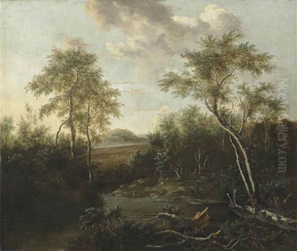 A Wooded River Landscape With Huntsmen And Dogs On A Track Oil Painting by Frederick De Moucheron