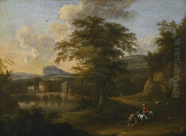 An Italianate Landscape With A Horseman And Other Travellers Approaching A Bridge Oil Painting by Frederick De Moucheron