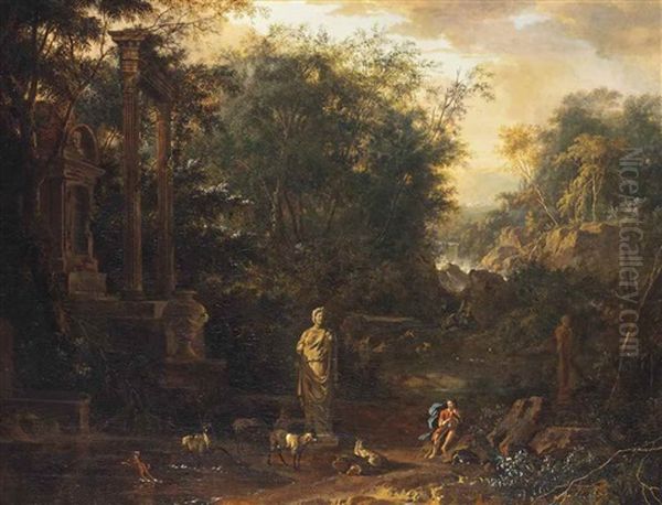 A Classical River Landscape With A Herdsman And His Flock Amongst Ruins, A Waterfall Beyond Oil Painting by Frederick De Moucheron