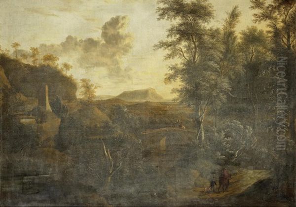 A Wooded Landscape With A Traveller On Horseback Crossing A Bridge Oil Painting by Frederick De Moucheron