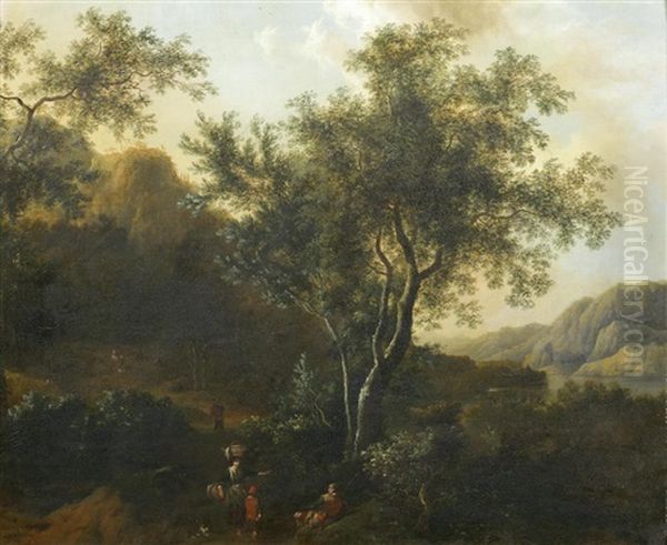 An Italianate River Landscape With Travellers On A Path Oil Painting by Frederick De Moucheron