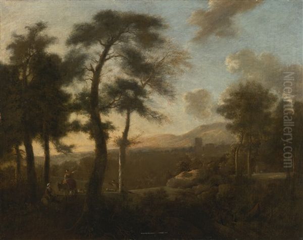 Classical French Landscape With Figures Oil Painting by Frederick De Moucheron