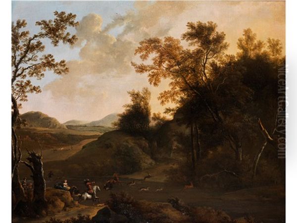 Hugelige Landschaft Mit Jagdszene Oil Painting by Frederick De Moucheron