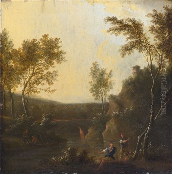 Two Figures Beside A River, A Bridge Beyond Oil Painting by Frederick De Moucheron