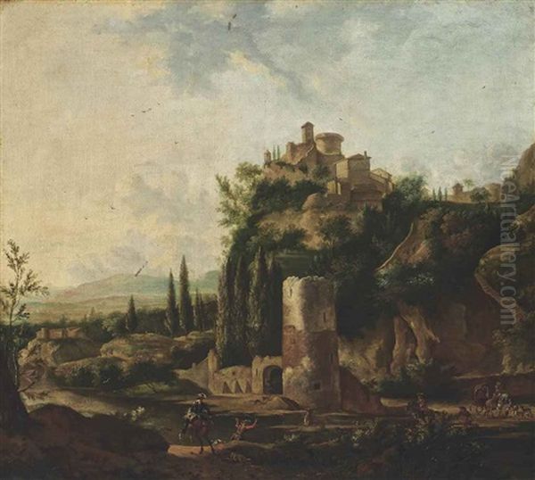 An Italianate River Landscape With A Deer Hunt, Beside Classical Ruins, A Hilltop Town Beyond Oil Painting by Frederick De Moucheron