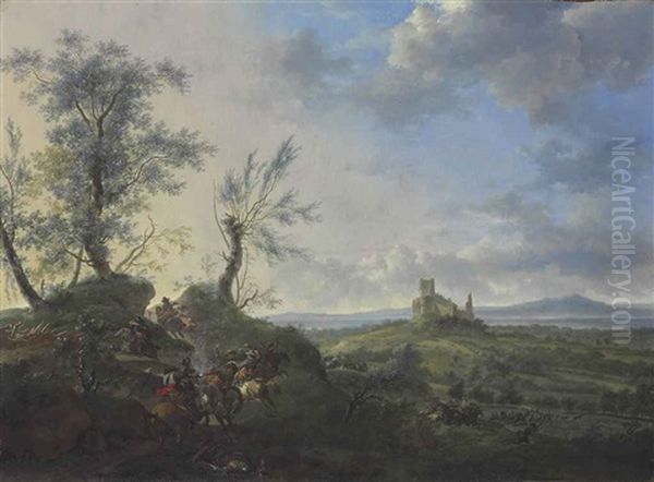 An Extensive Landscape With A Cavalry Skirmish, A Ruined Castle On A Hilltop Beyond Oil Painting by Frederick De Moucheron