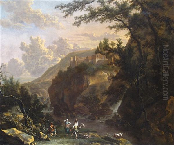 An Italianate Landscape With Figures Making Merry By A River At Dusk by Frederick De Moucheron